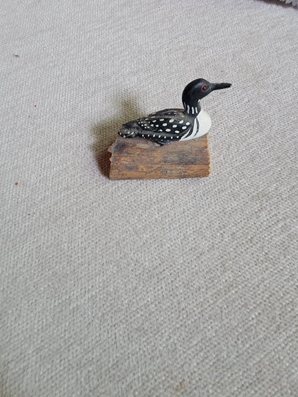 Vintage Metal Loon Duck Decoy on Log Hand Painted